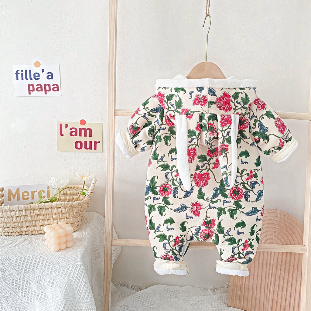Bộ áo liền quần SANLUTOZ tay dài bằng cotton in hoa dễ thương thời trang mùa đông cho bé gái