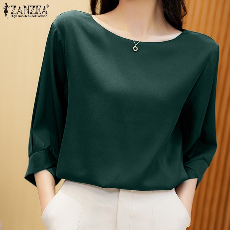 Áo thun Zanzea vải satin tay phồng cổ tròn màu trơn thời trang dành cho nữ