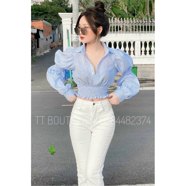 - Áo sơ mi croptop sọc caro tay phồng nhún eo mẫu mới trẻ trung sang chảnh PC