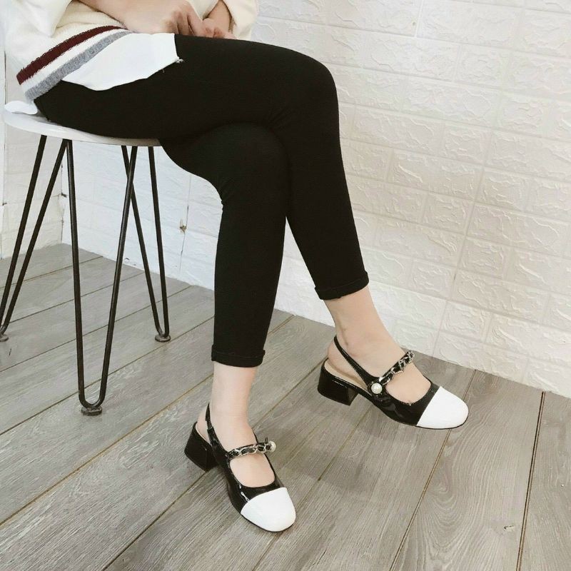 Giày da bóng Miumiuu bản hở gót 3.5p tiểu thư trắng đen có siZe 39