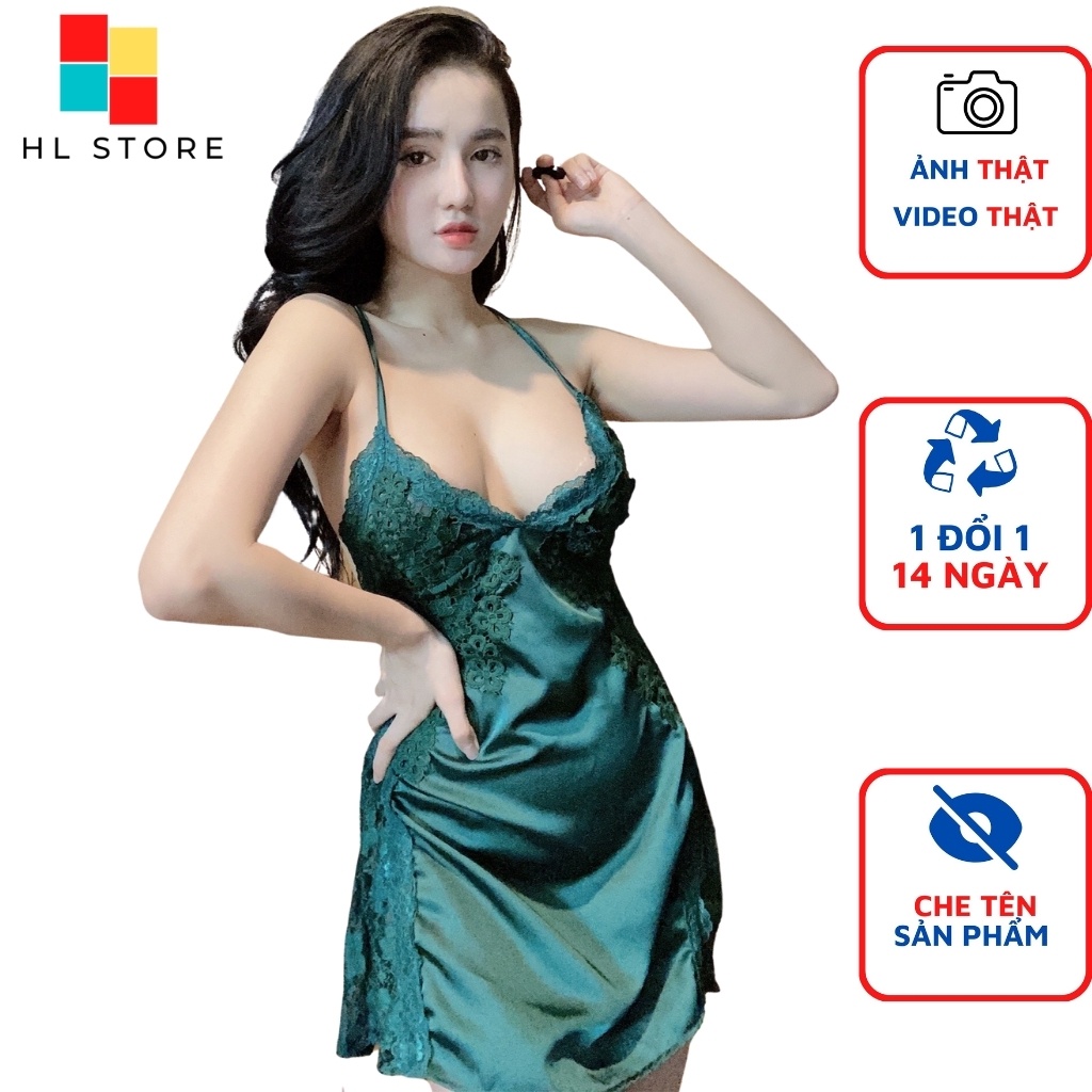 Váy ngủ sexy 2 dây phối hoa ngực và eo Hải Lan Store, vải lụa satin, kèm quần đùi, freesize 40-65kg tùy chiều cao