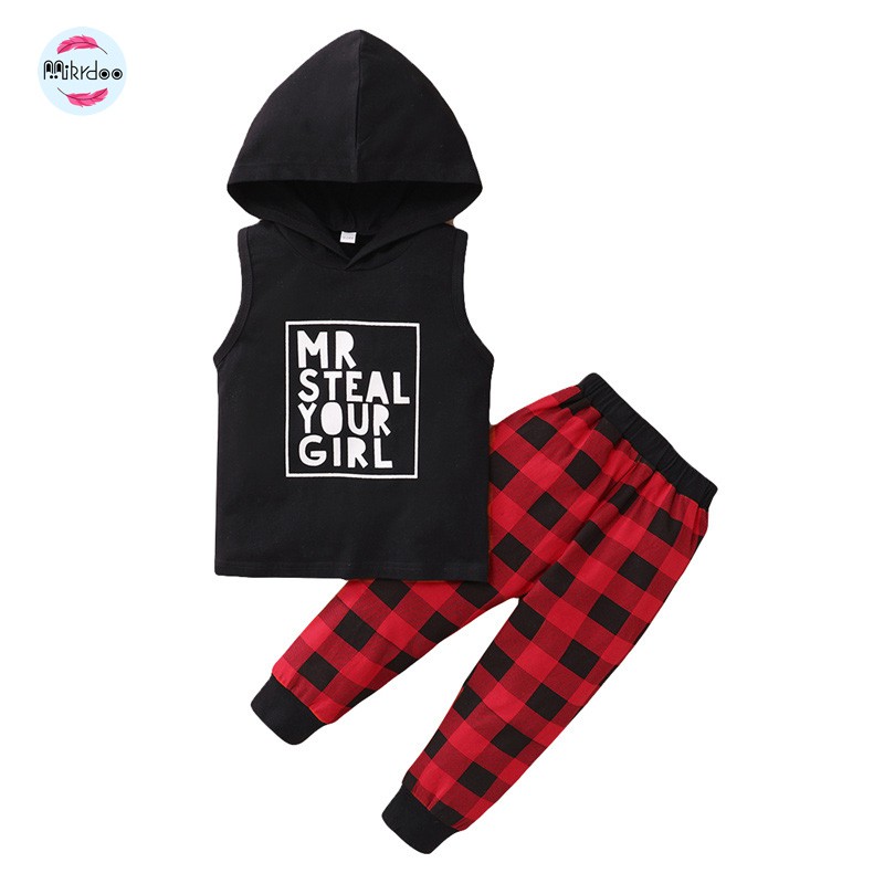 Set Áo Tay Ngắn Có Mũ Trùm Đầu In Chữ + Quần Mikrdoo Cho Bé Trai Bé Gái