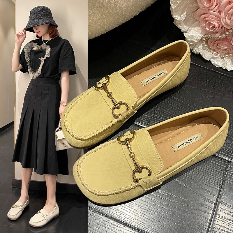 Giày Lười Da Đế Bằng Mũi Tròn Thời Trang Công Sở Thanh Lịch Cho Nữ