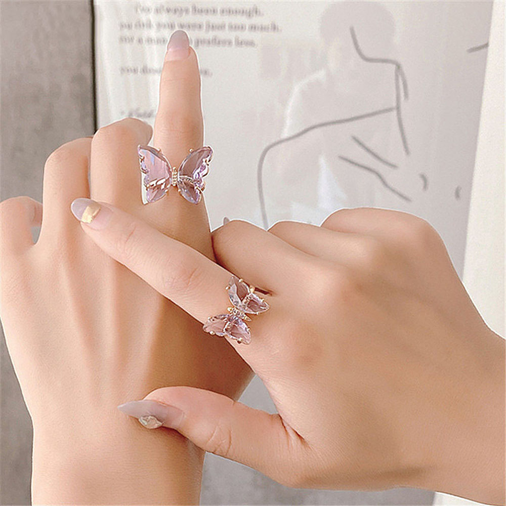 ALLGOODS Shiny Butterfly Finger Ring Elegant Jewelry Open Ring Simple Style Transparent Colorful Candy Color Fashion Acrylic Gift For Women light purple/transparent/pink
