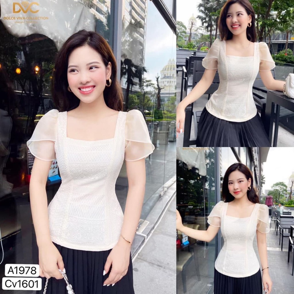 Set áo ren cổ vuông mix chân váy xòe xếp li sang chảnh hợp thời trang công sở S1978 - Degina Design DVC [Kèm ản