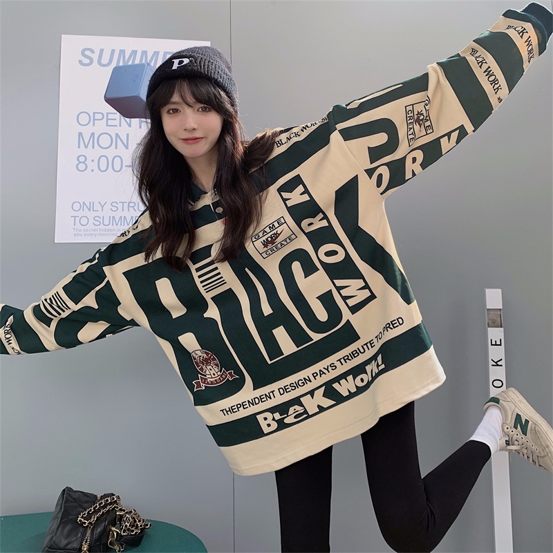 Áo thun polo SUXI tay dài dáng ôm phong cách vintage cho nữ