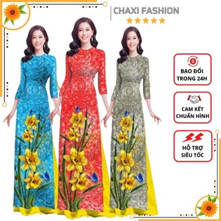 SET BỘ ÁO DÀI GẤM TRUYỀN THỐNG IN HOA VÀNG VÂN ĐÁ CAO CẤP - MH625330
