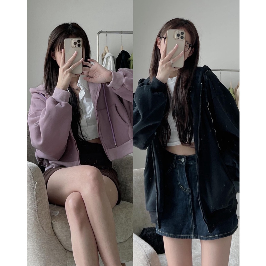 Áo Khoác Hoodie Trơn Lót Nỉ Siêu Ấm Dáng Rộng Unisex Thời Trang