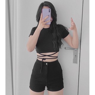 Áo croptop dây cột eo tay ngắn hình thật