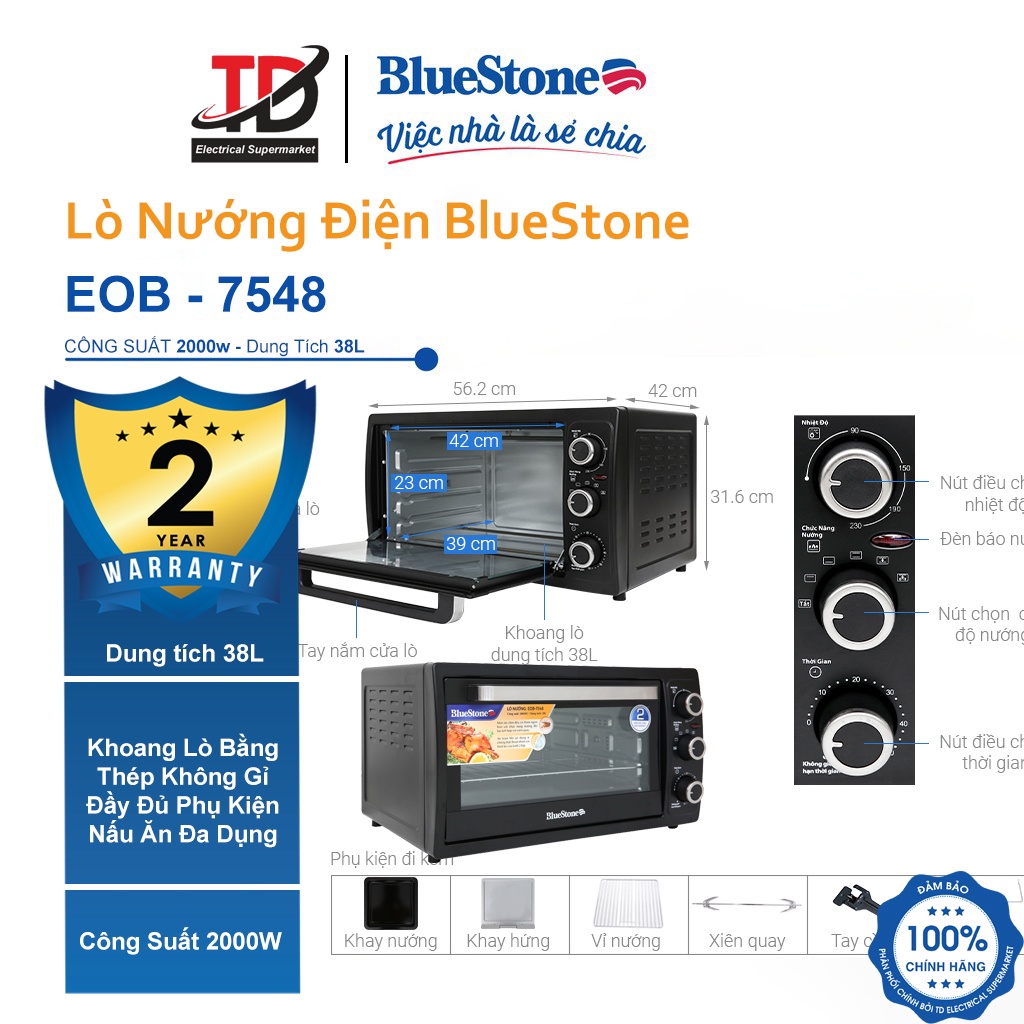 [Mã ELHAMS5 giảm 6% đơn 300K] Lò nướng Bluestone EOB-7548 38 lít - Bảo hành chính hãng 2 năm