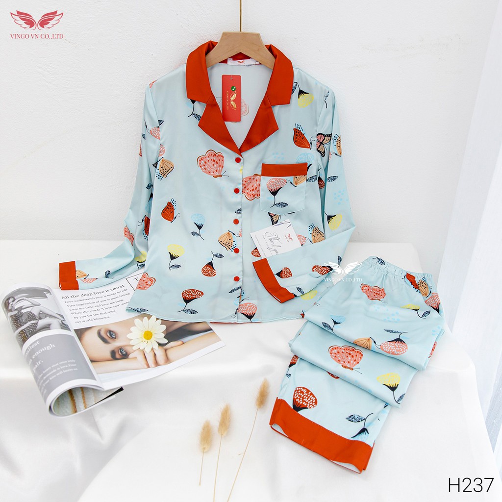Đồ Bộ Pyjama Mặc Nhà Nữ VINGO Lụa Pháp Tay Dài Quần Dài Họa Tiết Cánh Hoa Cao Cấp Xanh Hồng Cổ Đỏ H237 VNGO
