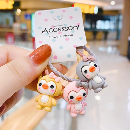 Set 3 Dây Cột Tóc Hình Chim Cánh Cụt / Bông Hoa Dễ Thương Cho Bé Gái