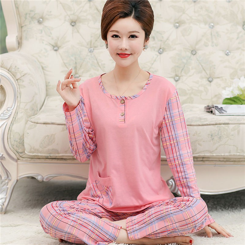 đẹp khuyến mãiBộ đồ ngủ dành cho bà mẹ trung niên mùa xuân và thu Vải thun cotton dài tay người già cỡ lớn phù