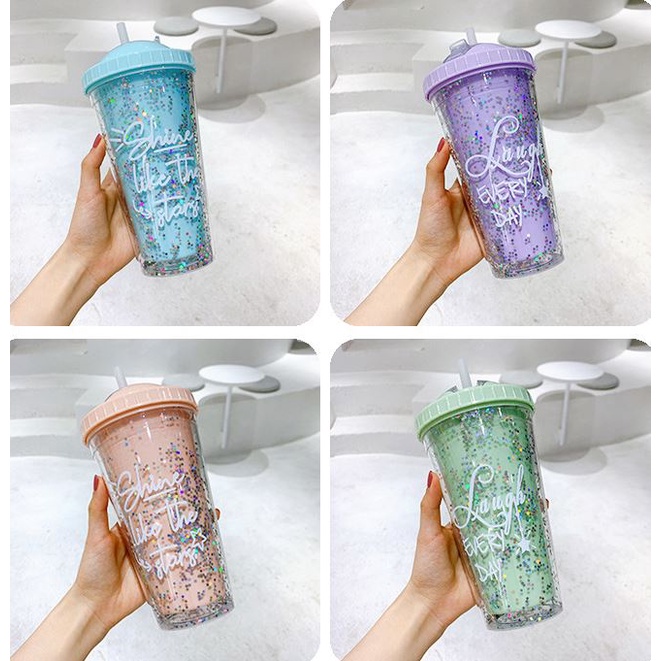 Bình Nước Kim Tuyến Dung Tích 550Ml Kèm Ống Hút Tiện Lợi Khi Đi Du Lịch