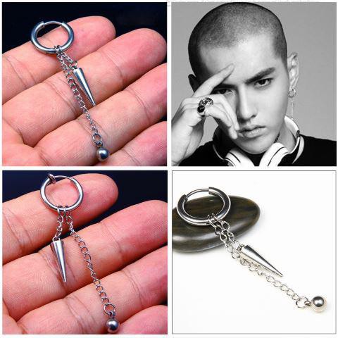 Khuyên Tai Inox không rỉ Nam, Bông Tai Nam Dây Xích Dài Idol Hàn Quốc Kẹp, Sỏ Lỗ Tai (1 Chiếc)