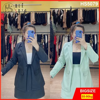 Set vest 3 món bigsize: chân váy + áo 2 dây + áo khoác blazer Huệ Shyn Bigsize HS5079 - màu hồng xanh mint đen nude