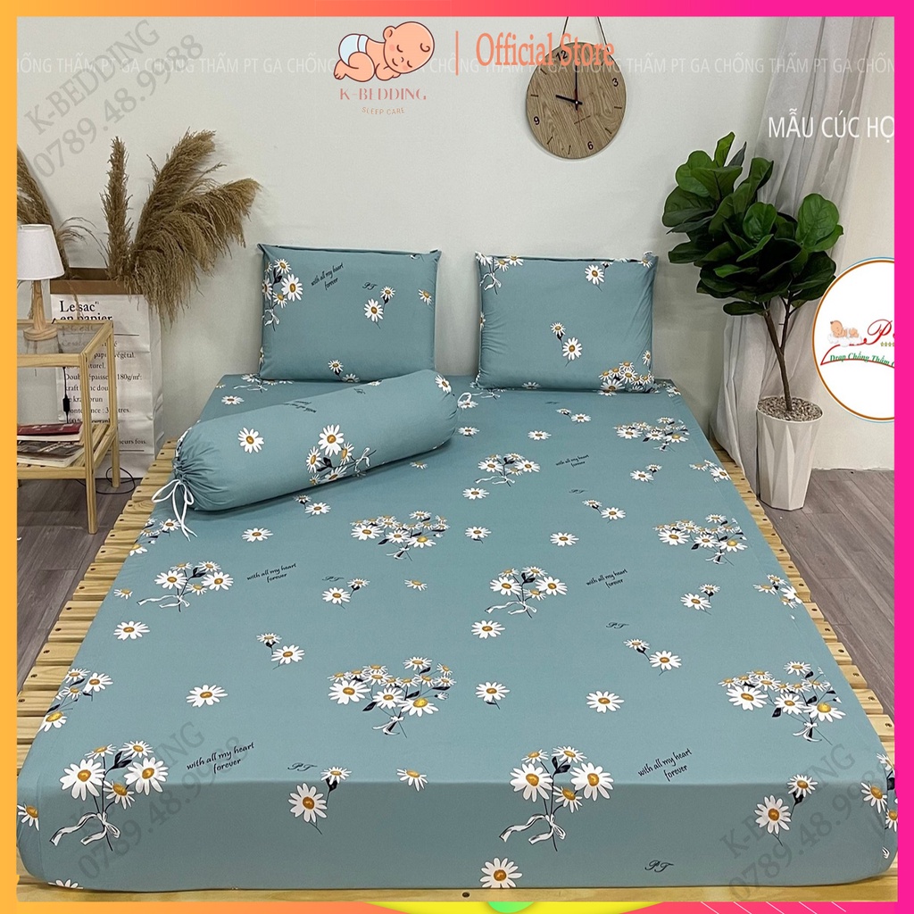 Bộ ga chống thấm cotton cho bé, drap chống thấm nước cao cấp kèm vỏ gối đầu và vỏ gối ôm mềm mịn mát (mẫu cúc họa mi)