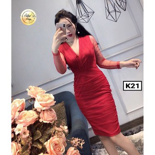 Váy đầm body K21 Đỏ phối ren 2 dài tay lớp BUTINO SHOP - 4 màu