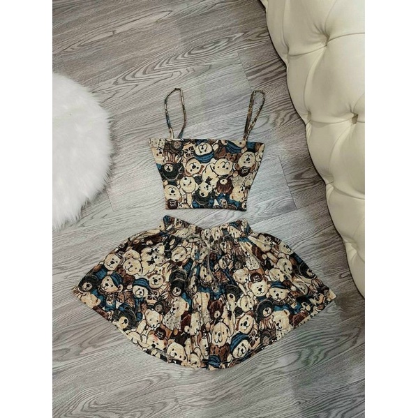Set thun gấu áo croptop dây kèm quần đùi giả váy