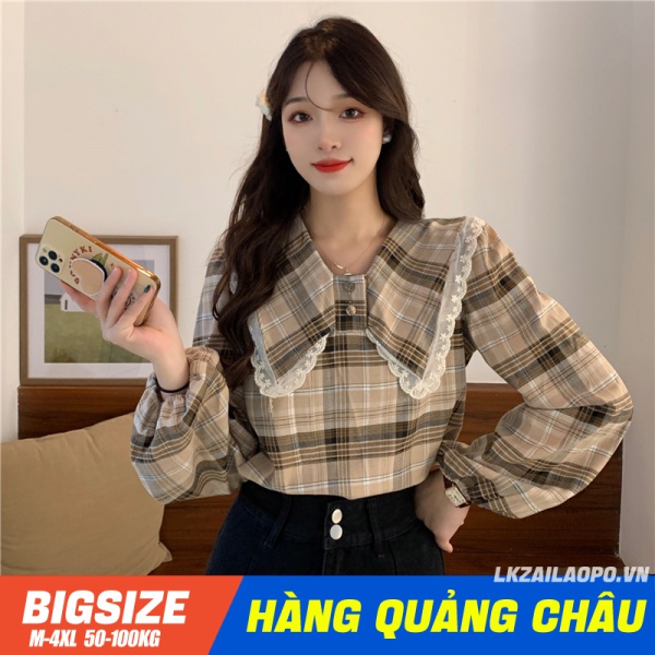 Áo Sơ Mi nữ Bigsize Áo kiểu Tay Dài Cổ Búp Bê Kẻ Sọc Kiểu Retro Hàn Quốc Thời Trang cá tính xinh đẹp cho người mập béo 45-100kg quảng châu cao cấp