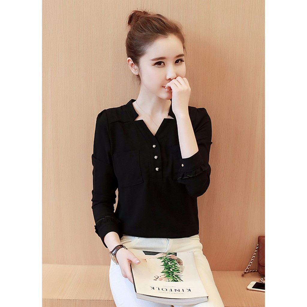 ÁO SƠ MI NỮ kiểu CÔNG SỞ CỔ V CÀI NÚT 2 TÚI. | BigBuy360 - bigbuy360.vn