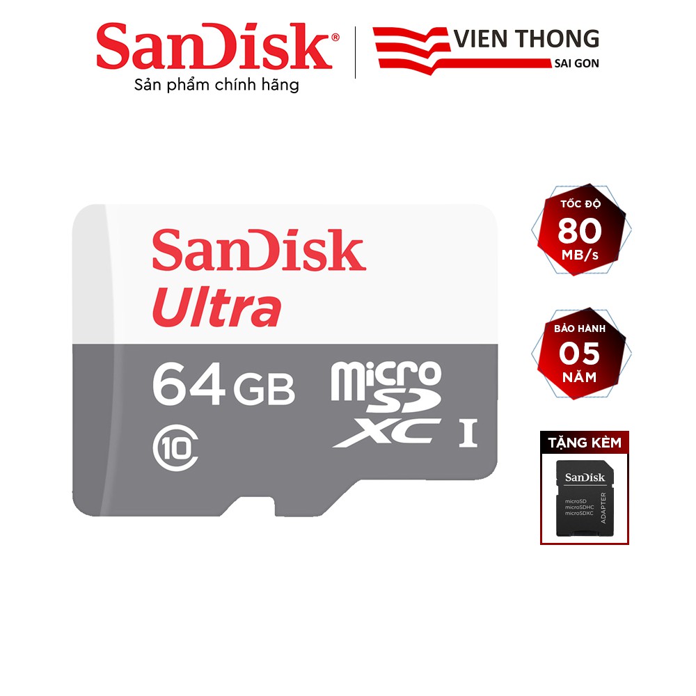 Thẻ nhớ microSDXC SanDisk Ultra 64GB upto 80MB/s 533x tặng Adapter (ngẫu nhiên) -