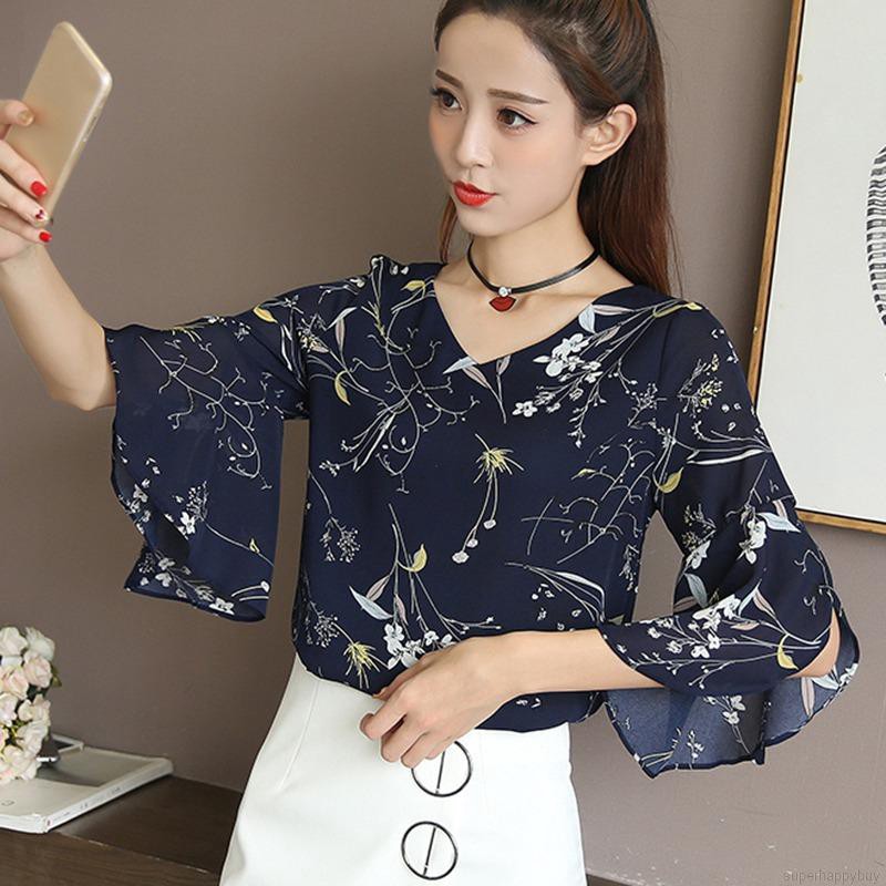 Áo tay dài nhún bèo họa tiết hoa thời trang Hàn Quốc thời trang cho nữ