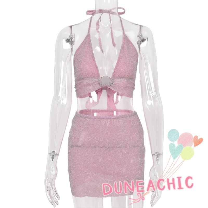 DUNEA Set Áo Tank Top 2 Dây + Chân Váy Xẻ Tà Đính Kim Tuyến Lấp Lánh Thời Trang Quyến Rũ Cho Nữ