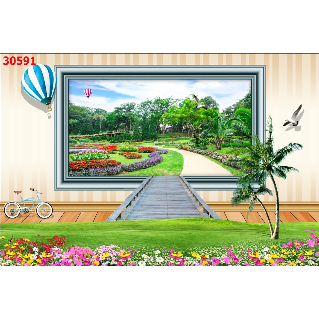 Tranh 3d cửa sổ nhìn ra phong cảnh sang trọng hiện đại