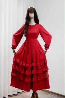 [Giá Hủy Diệt] (tặng nơ) ĐẦM MAXI ĐỎ VÀNG BOHO NHÚN TẦNG VÁY STYLE THỔ CẨM CÔNG CHÚA (hình thật)