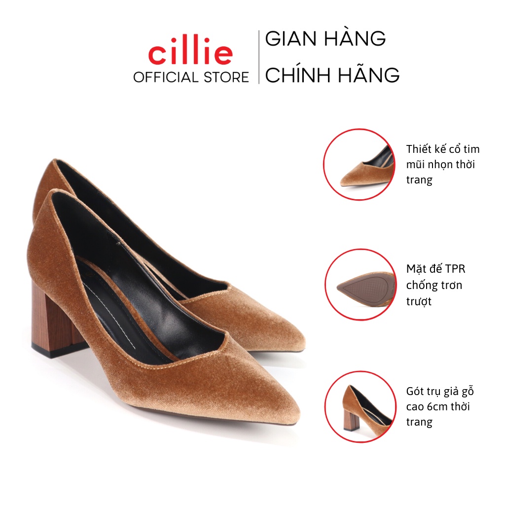 Giày cao gót nữ mũi nhọn thanh lịch phối nhung sang trọng gót trụ vân gỗ cao 7cm Cillie 1109