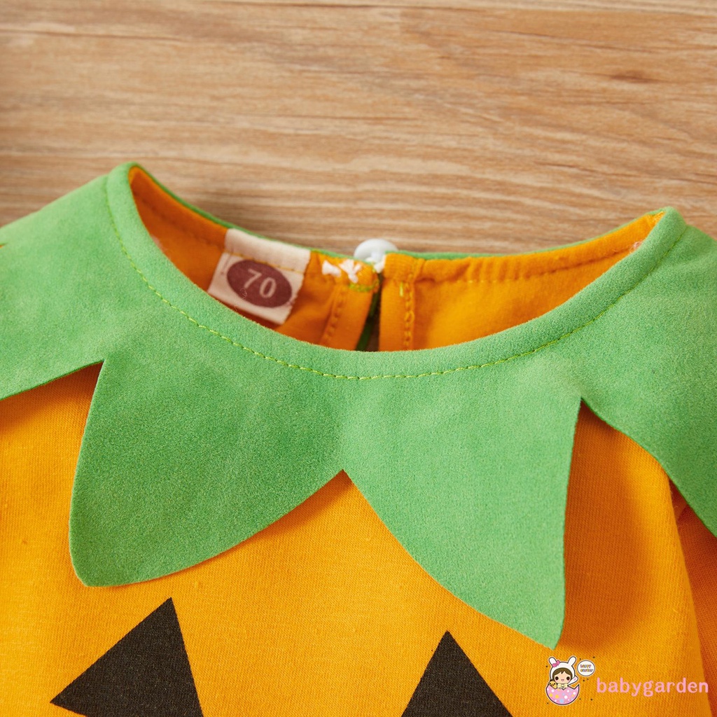 Bộ Áo Liền Quần Tay Dài Cổ Tròn + Mũ In Họa Tiết Halloween Cho Bé