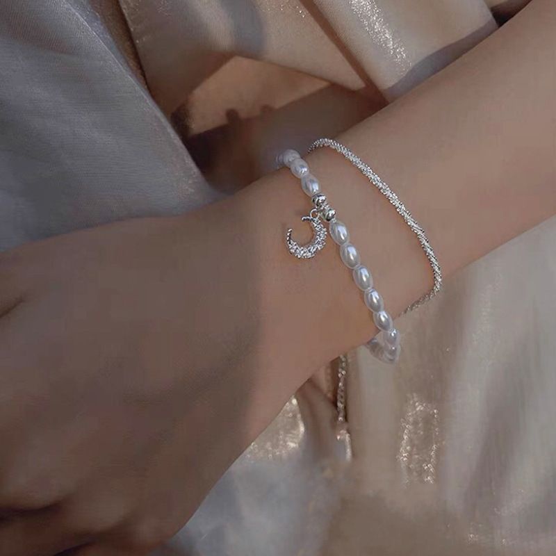 Vòng tay bạc nữ S925 - Lắc tay nữ bạc Ý 2 lớp hạt trai nhân tạo Moon Pearl sang trọng  Zaza accessories ZVT0087