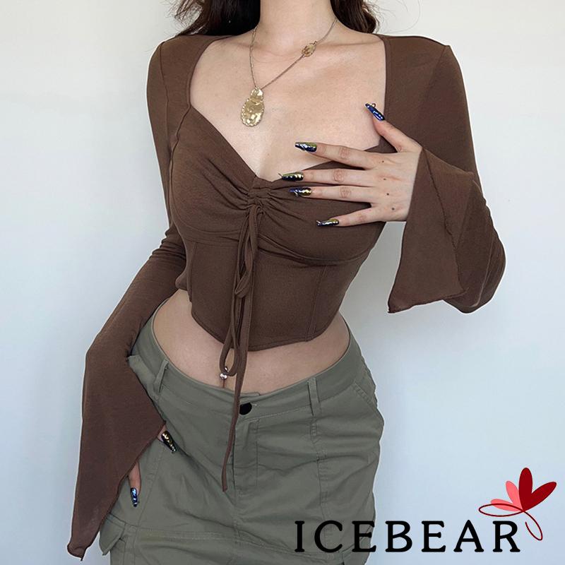 Áo Thun Crop Top Tay Dài Cổ Chữ V Màu Sắc Đơn Giản Dành Cho Nữ