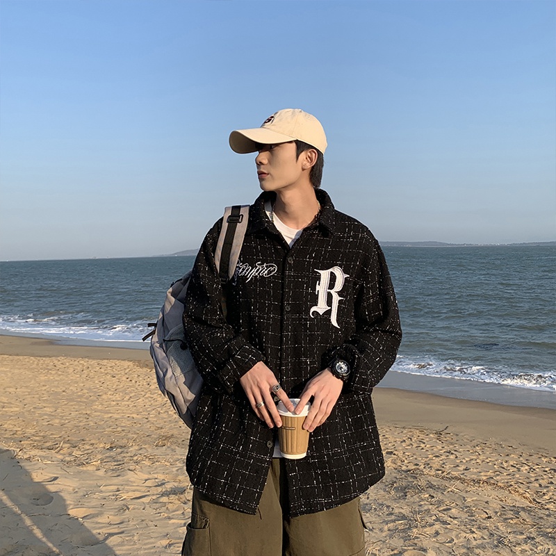 Áo Khoác Sơ Mi Tay Dài Dáng Rộng Kẻ Sọc Ca Rô Cài Nút Thời Trang Hàn Quốc Cho Nam