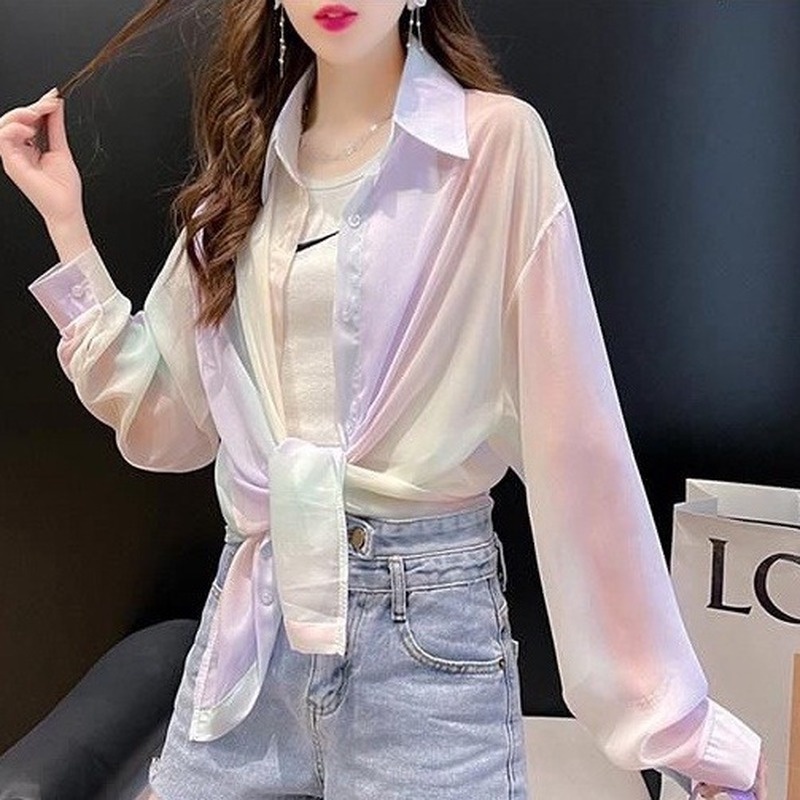 Áo Sơ Mi Chiffon Dáng Rộng Màu Cầu Vồng Thời Trang Mùa Hè Hàn Quốc Dành Cho Nữ 210918