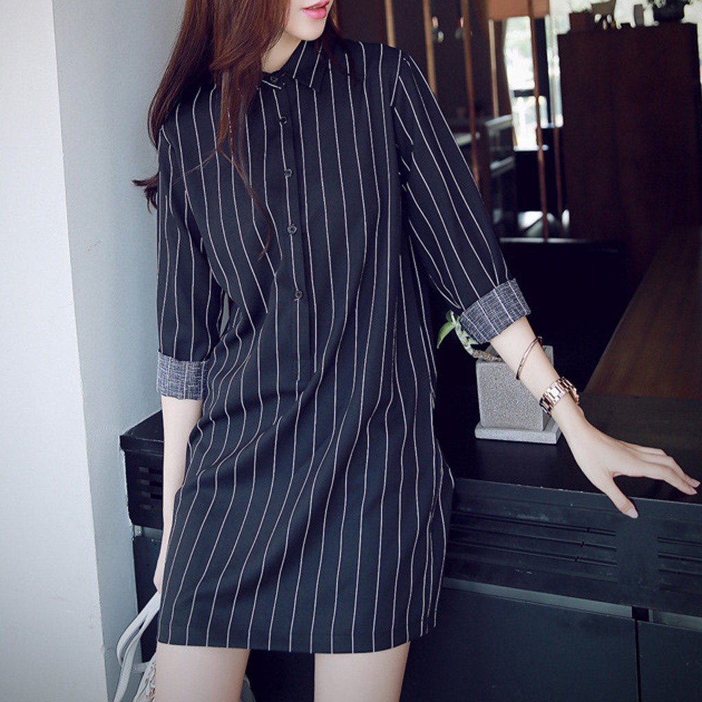 Đầm sơ mi dài tay họa tiết kẻ sọc thanh lịch dành cho nữ size S-XXL | BigBuy360 - bigbuy360.vn