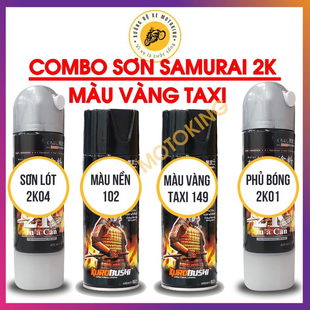 Combo Sơn Samurai màu vàng Taxi 149  loại 2K chuẩn quy trình độ bền 5 năm gồm 4 chai 2K04 - 102 -149 - 2K01
