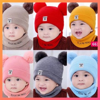 Set mũ+ khăn len 2 quả bông cho bé