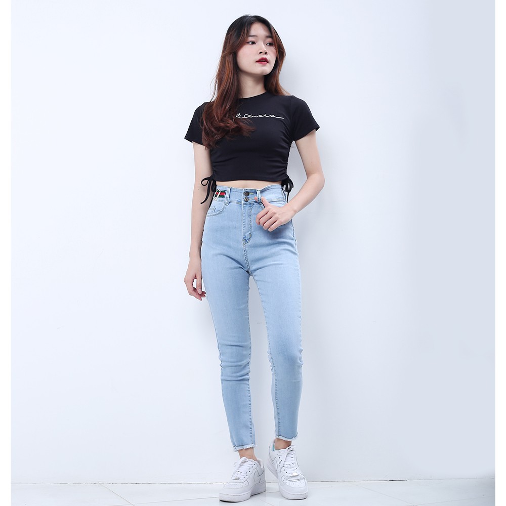 Quần jeans nữ co giãn SAIGONJEAN cạp siêu cao đắp nịt màu xanh trắng QD025 - quần bò nữ ulzzang