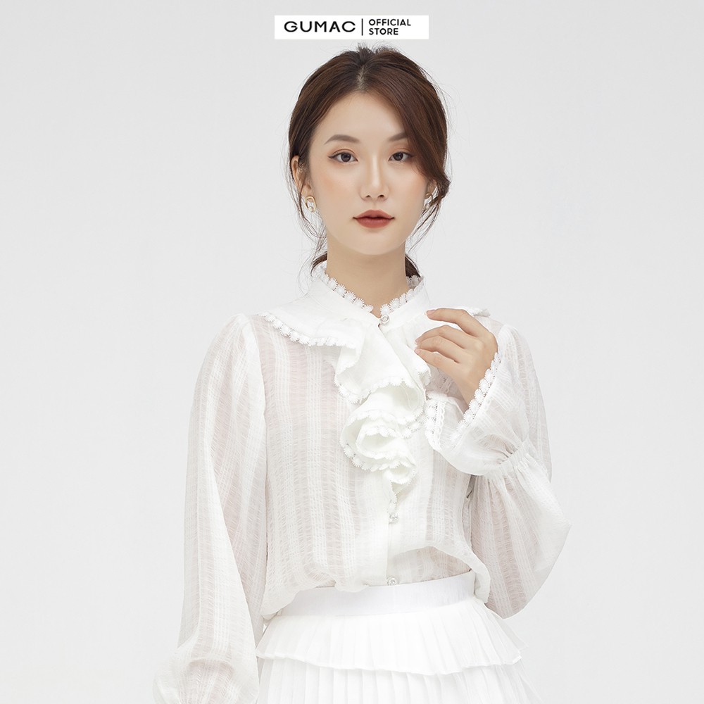 [Mã WABRGUSBD2 giảm 10% tối đa 50k đơn từ 250k] Áo sơ mi nữ đăng ten GUMAC màu trắng chất voan thoáng mát AB561 | BigBuy360 - bigbuy360.vn