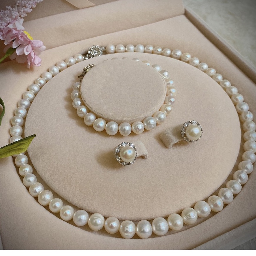 Bộ trang sức trai thật tự nhiên trắng 8li nuôi nước ngọt gồm vòng cổ, vòng tay, bông tai