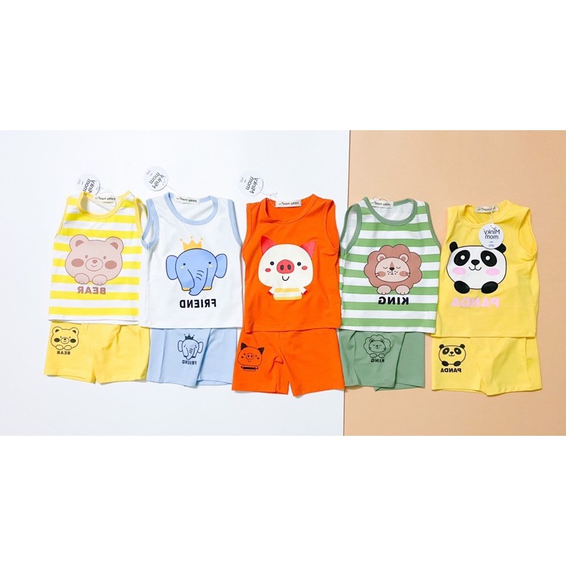 BỘ BA LỖ COTTON 100% MINKYMOM IN HÌNH GẤU SƯ TỬ VOI CHO BÉ 5-18KG ( BLIN09)