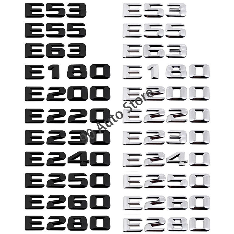 Bảng chữ cái kỹ thuật số được sửa đổi Đen và Bạc E53 E55 E63 E180 E200 E220 E230 E240 E250 E260 Nhãn dán phía sau xe bằng kim loại cho Mercedes Benz Auto ❥ ❈ Chữ cái số Trunk Biểu tượng Huy hiệu Decal