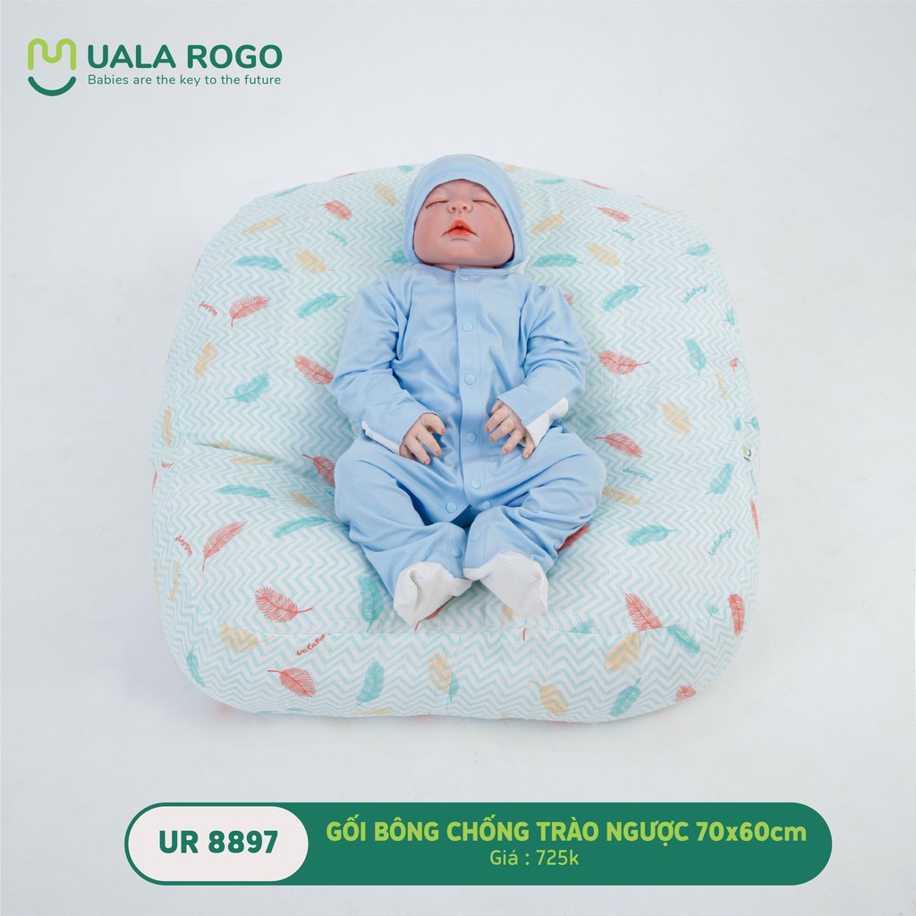 Gối chống trào ngược Uala rogo cho trẻ sơ sinh 70x60cm êm ái ruột bông vi sinh vỏ cotton 8897 8912