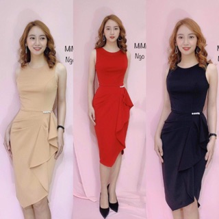 Đầm body xếp ly phối bèo hông đính cườm duyên dáng