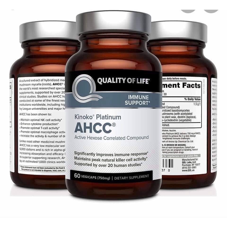 AHCC KINOKO PLATINUM 750mg - Viên Uống Tăng Cường Hệ Miễn Dịch, diệt HPV 60 viên