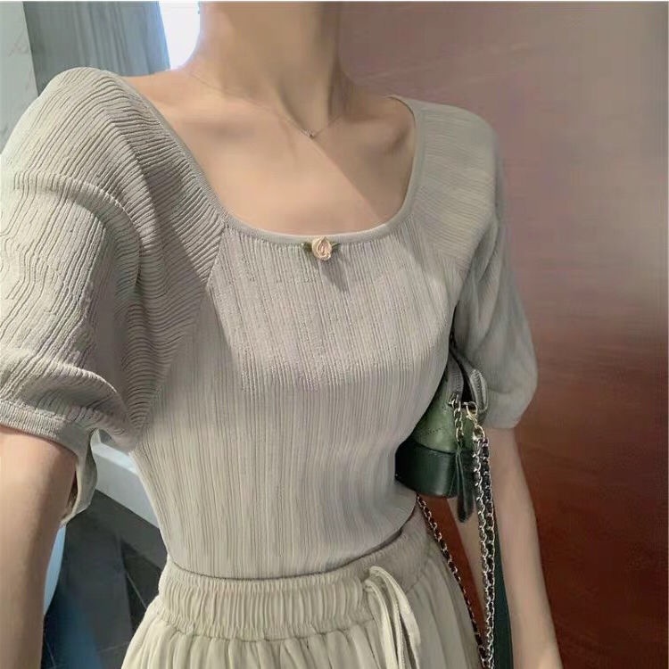 Áo dệt kim tay ngắn phồng cổ vuông phong cách retro Pháp