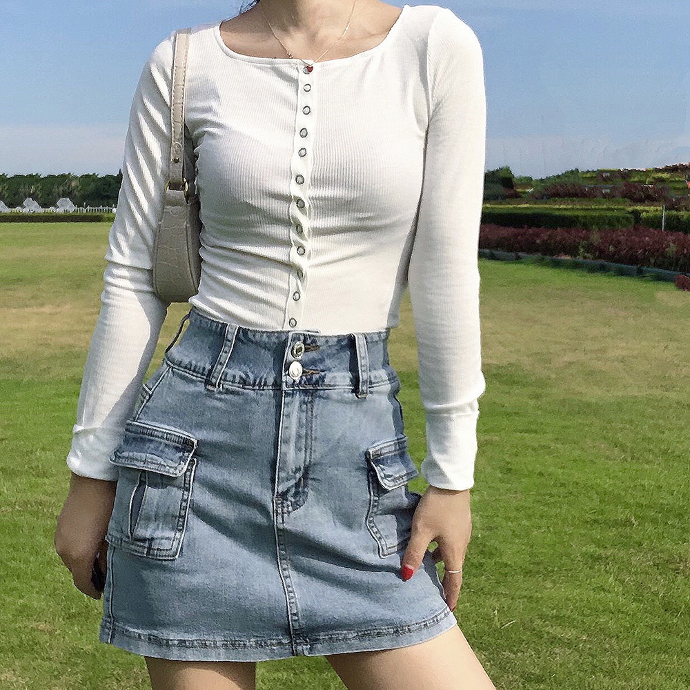Chân váy Jean bò chữ A ngắn xanh đen ngắn demin cạp lưng cao Kozoda CV33