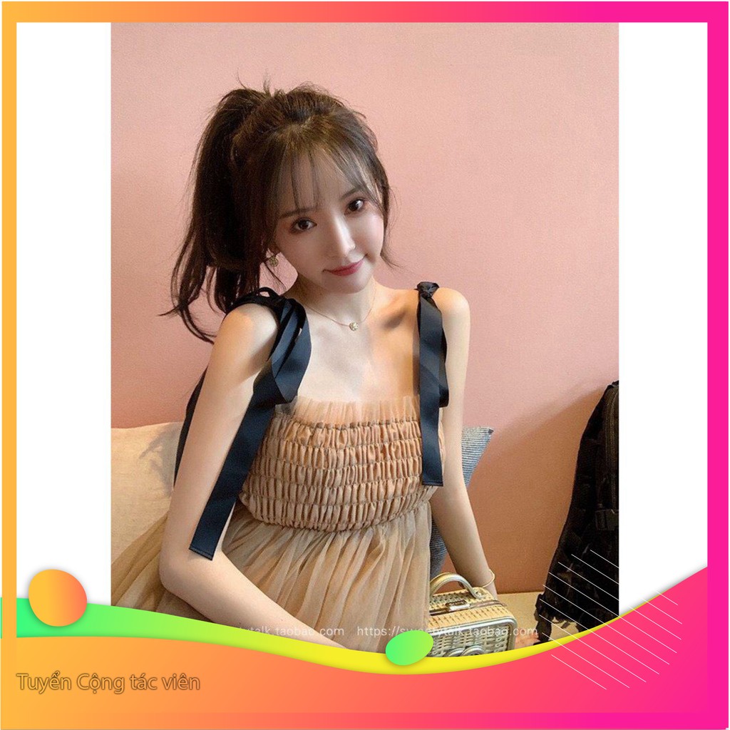 Dọn kho 13D17B1 Đầm lưới vai cột nơ bản to HONEY girl Dọn kho